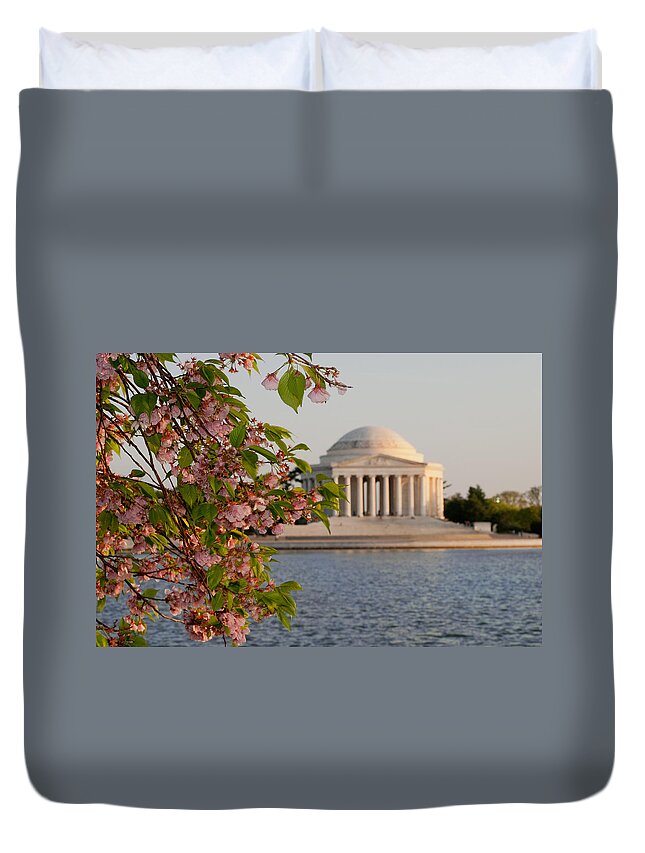 America Duvet Cover featuring the photograph Cherry Blossoms and the Jefferson Memorial 3 by Mitchell R Grosky