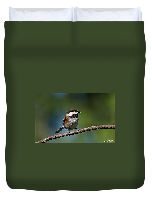 Animal Duvet Cover featuring the photograph Chestnut Backed Chickadee Perched on a Branch by Jeff Goulden