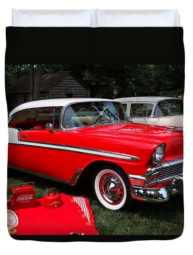 Chevy Bel Air In Red Duvet Cover featuring the photograph Chevy Bel Air in Red by Rachel Cohen
