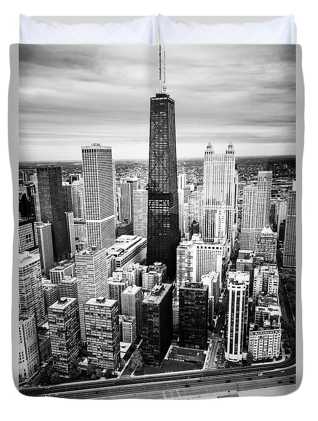America Duvet Cover featuring the photograph Chicago Aerial with Hancock Building in Black and White by Paul Velgos
