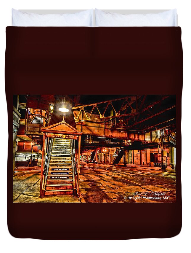 Train Station Duvet Cover featuring the photograph Chicago at Night I by Mark Olshefski