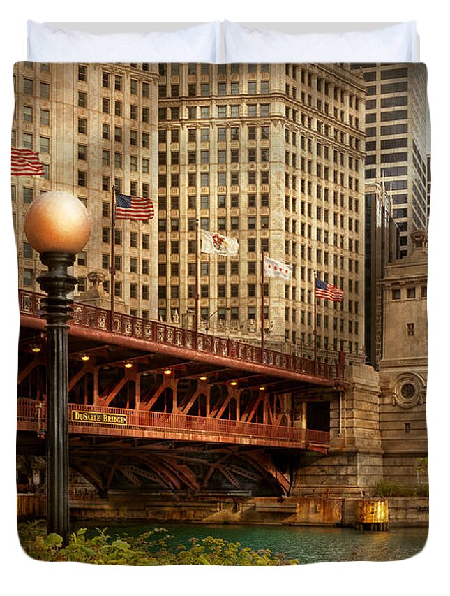 Chicago Duvet Cover featuring the photograph Chicago IL - DuSable Bridge built in 1920 by Mike Savad