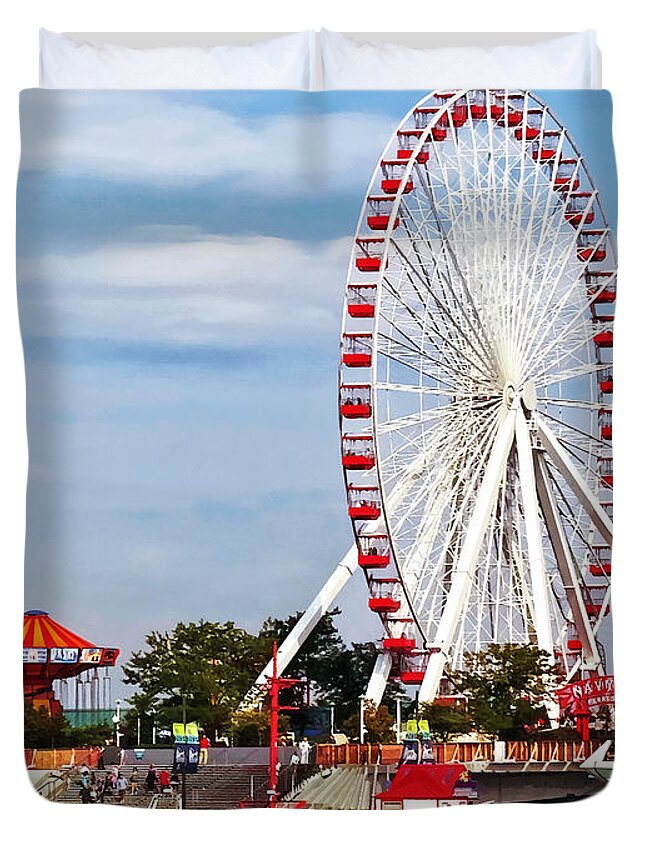 Chicago Duvet Cover featuring the photograph Chicago IL - Ferris Wheel at Navy Pier by Susan Savad