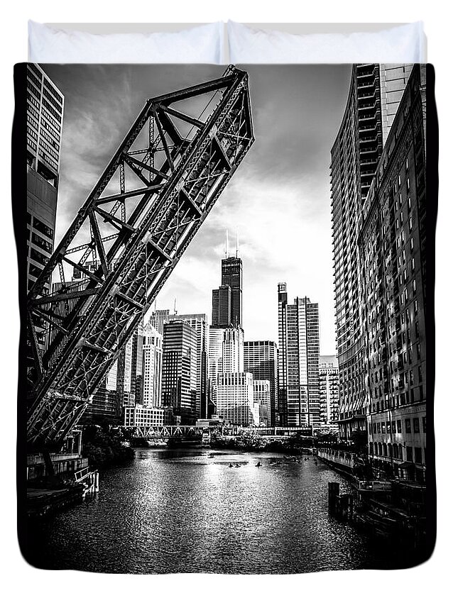 #faatoppicks Duvet Cover featuring the photograph Chicago Kinzie Street Bridge Black and White Picture by Paul Velgos