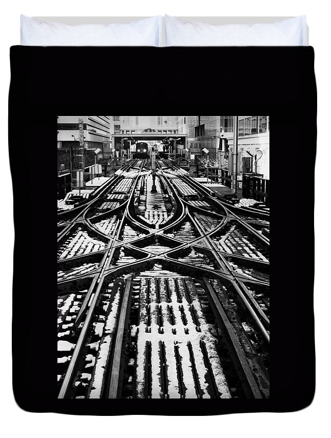 Chicago Duvet Cover featuring the photograph Chicago 'L' Tracks Winter by Kyle Hanson
