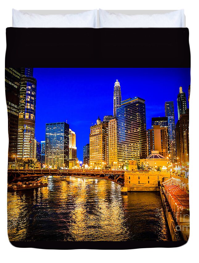America Duvet Cover featuring the photograph Chicago River Buildings at Night Picture by Paul Velgos