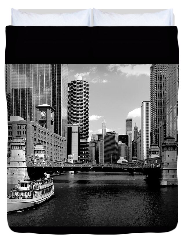 Bridge Duvet Cover featuring the photograph Chicago River Skyline Bridge Boat by Patrick Malon