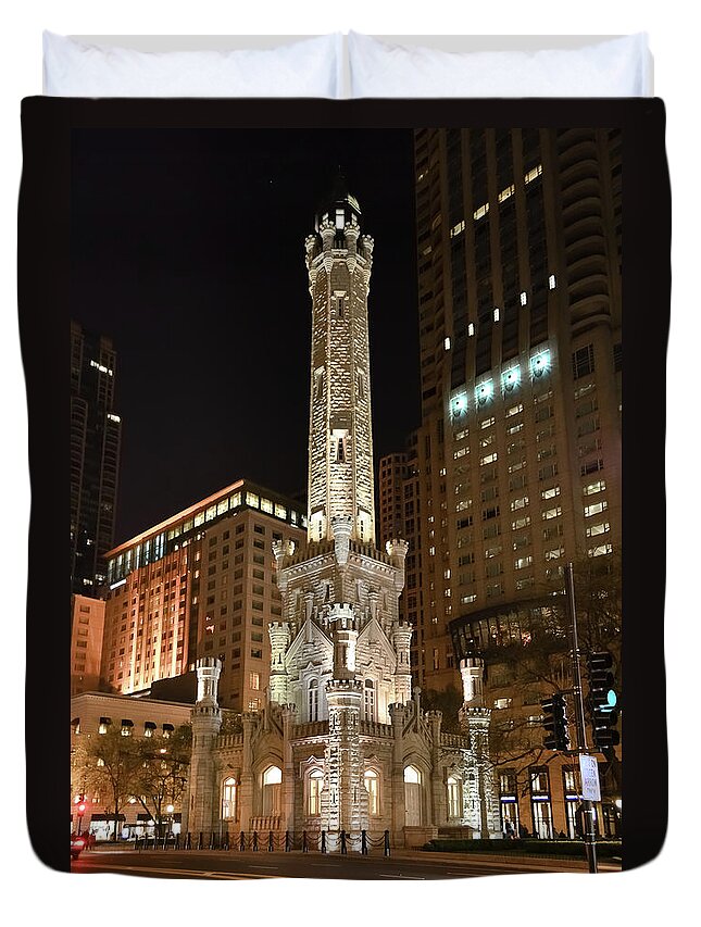 Tranquility Duvet Cover featuring the photograph Chicago Water Tower Illuminated At Night by Sir Francis Canker Photography