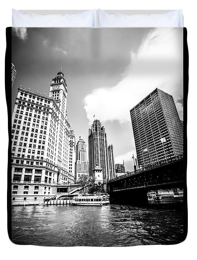 America Duvet Cover featuring the photograph Chicago Wrigley Tribune Equitable Buildings Black and White Phot by Paul Velgos