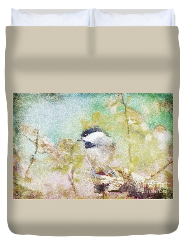 Chickadee Duvet Cover featuring the photograph Chickadee and the Hiding Caterpillar - Digital Paint 4 by Debbie Portwood