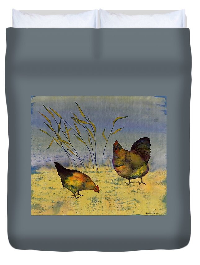 Chickens Duvet Cover featuring the tapestry - textile Chickens On Silk by Carolyn Doe