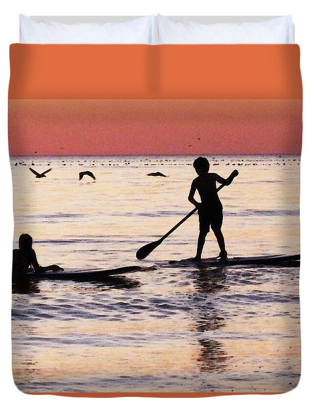 Silhouette Duvet Cover featuring the painting Child Art - Magical Sunset by Sharon Cummings