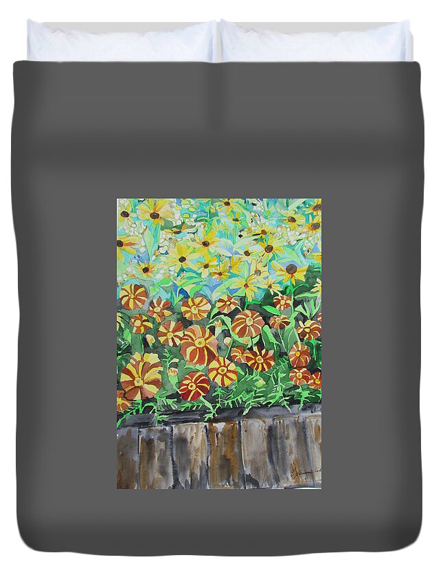 Childlike Flowers Duvet Cover featuring the painting Childlike Flowers by Esther Newman-Cohen