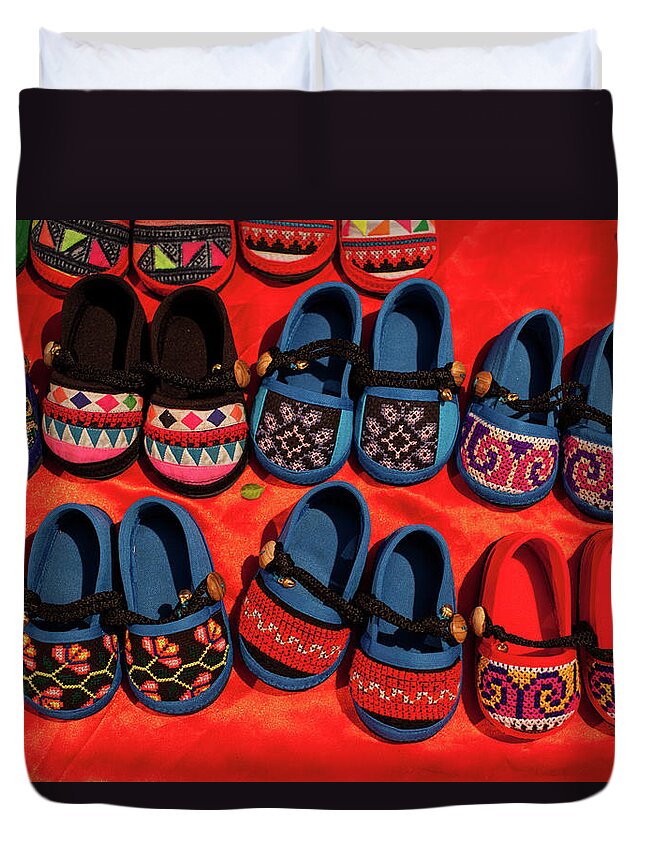 In A Row Duvet Cover featuring the photograph Childrens Shoes by Greenlin