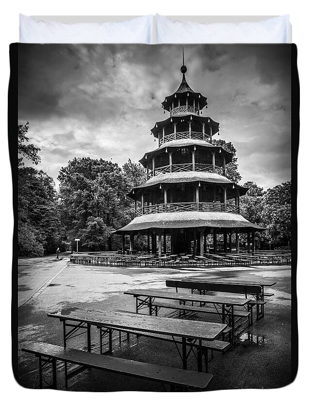 Architecture Duvet Cover featuring the photograph Chinesischer Turm bw by Hannes Cmarits