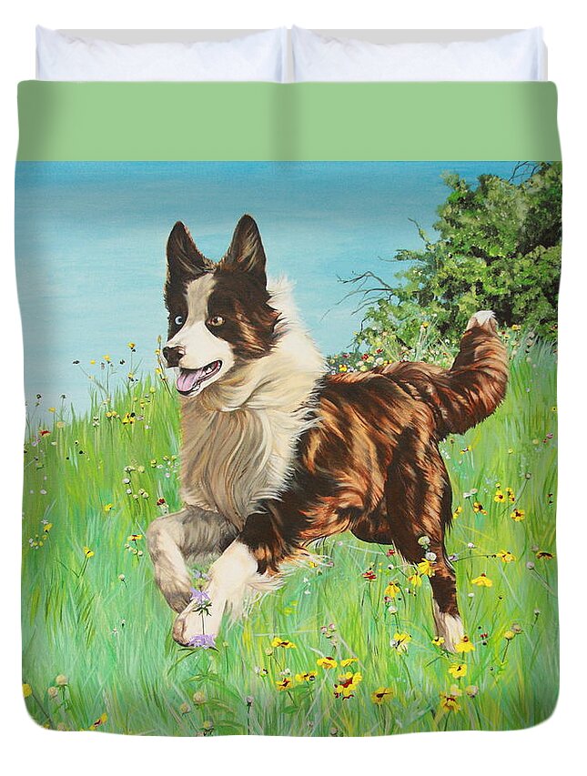 Border Collie Duvet Cover featuring the painting Chocolate Border Collie in Meadow by Michelle Miron-Rebbe