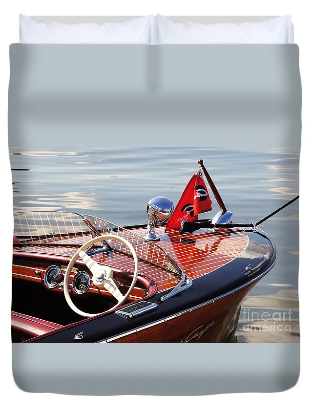 Boat Duvet Cover featuring the photograph Chris Craft Deluxe Runabout by Neil Zimmerman