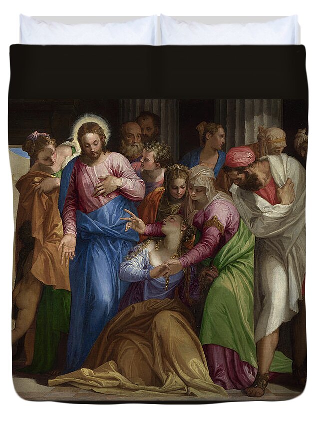 Paolo Veronese Duvet Cover featuring the painting Christ addressing a Kneeling Woman by Paolo Veronese