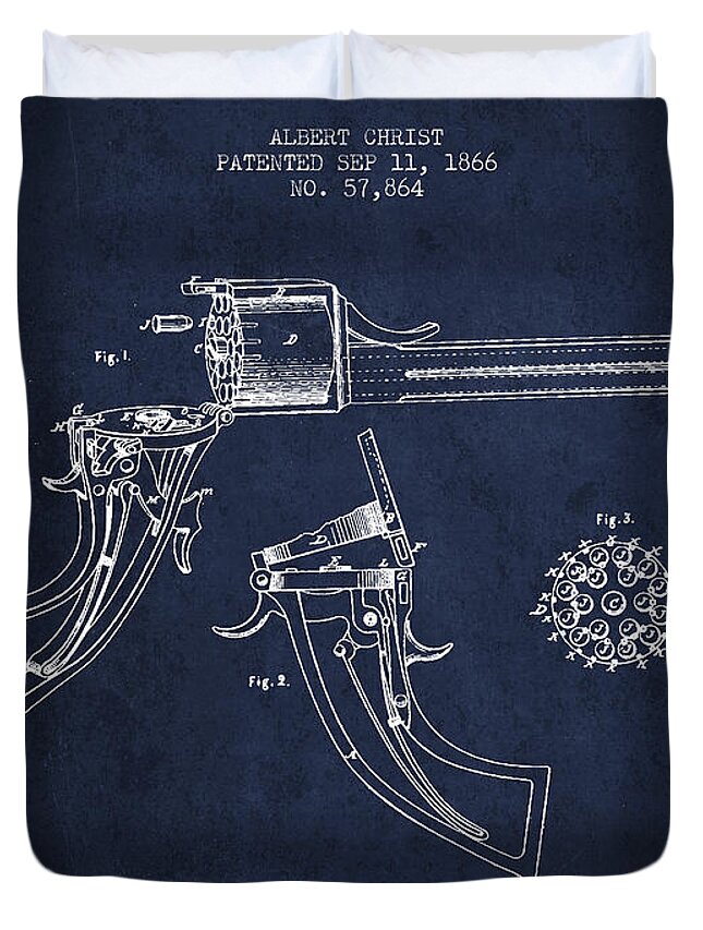Pistol Patent Duvet Cover featuring the digital art Christ revolver Patent Drawing from 1866 - Navy Blue by Aged Pixel