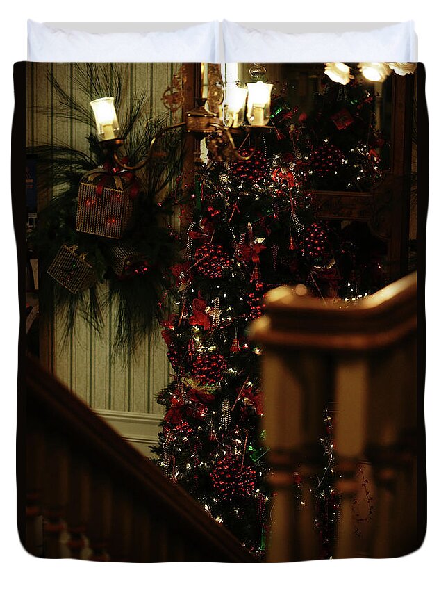 Christmas Duvet Cover featuring the photograph Christmas Banister 2 by Linda Shafer