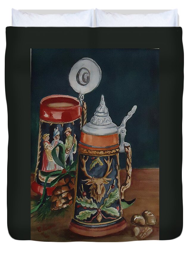 Two German Steins Duvet Cover featuring the painting Christmas Cheer by Charme Curtin