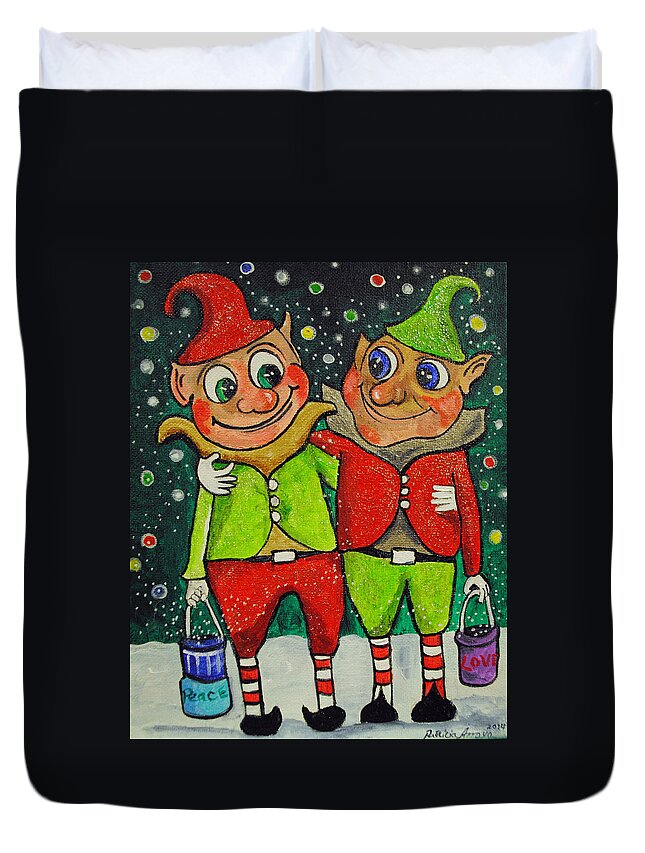 Christmas Duvet Cover featuring the painting Christmas Elves by Patricia Arroyo