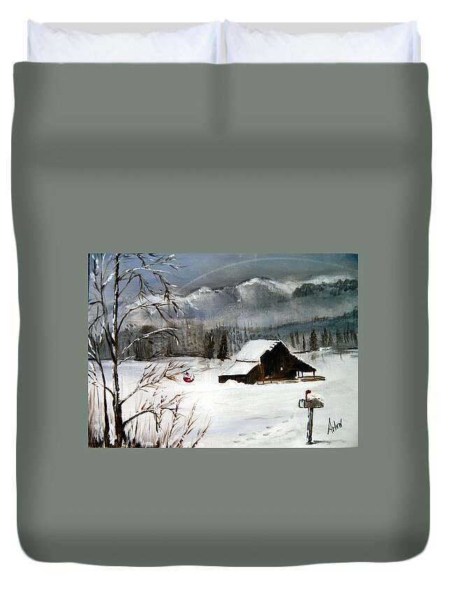 Christmas Duvet Cover featuring the painting Christmas Farm House by Arlen Avernian - Thorensen