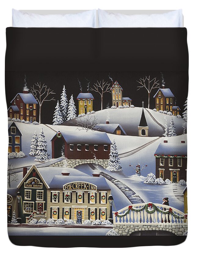 Art Duvet Cover featuring the painting Christmas in Fox Creek Village by Catherine Holman