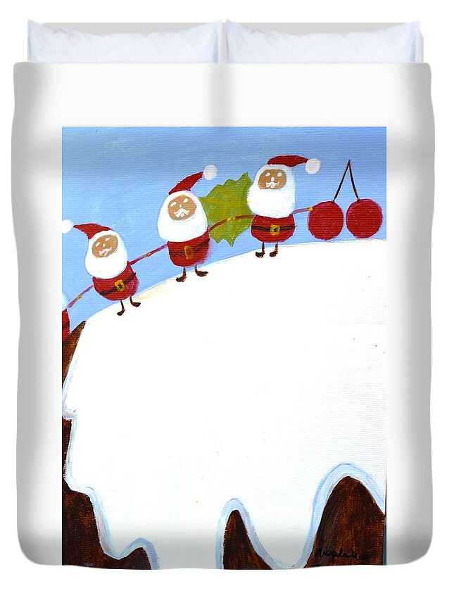 Merry Christmas Duvet Cover featuring the painting Christmas Pudding and Santas by Magdalena Frohnsdorff