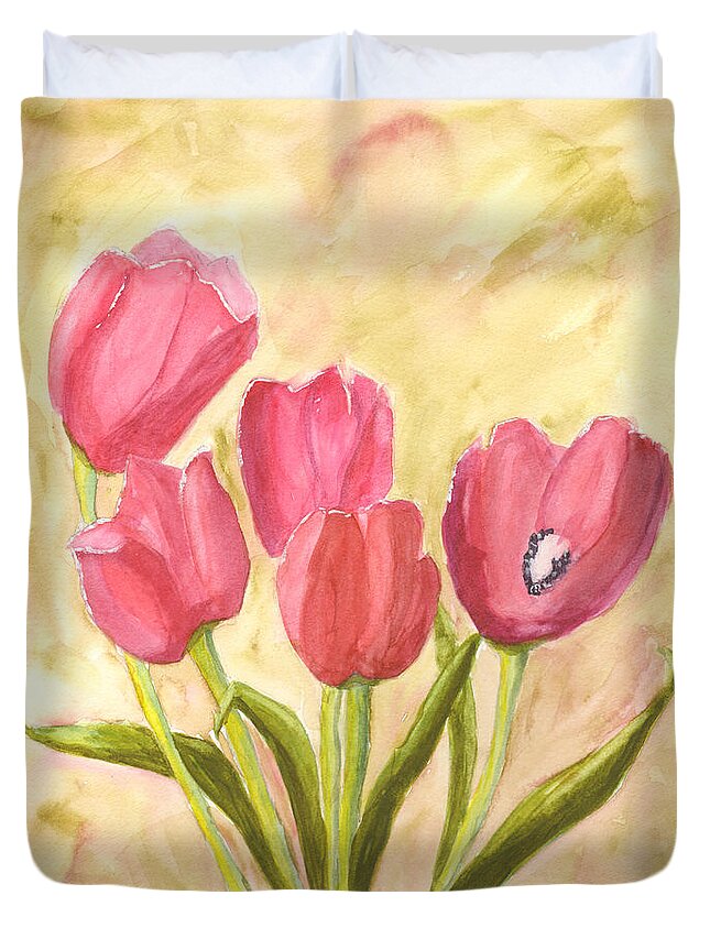 Red Duvet Cover featuring the painting Tulip Time by Mickey Krause