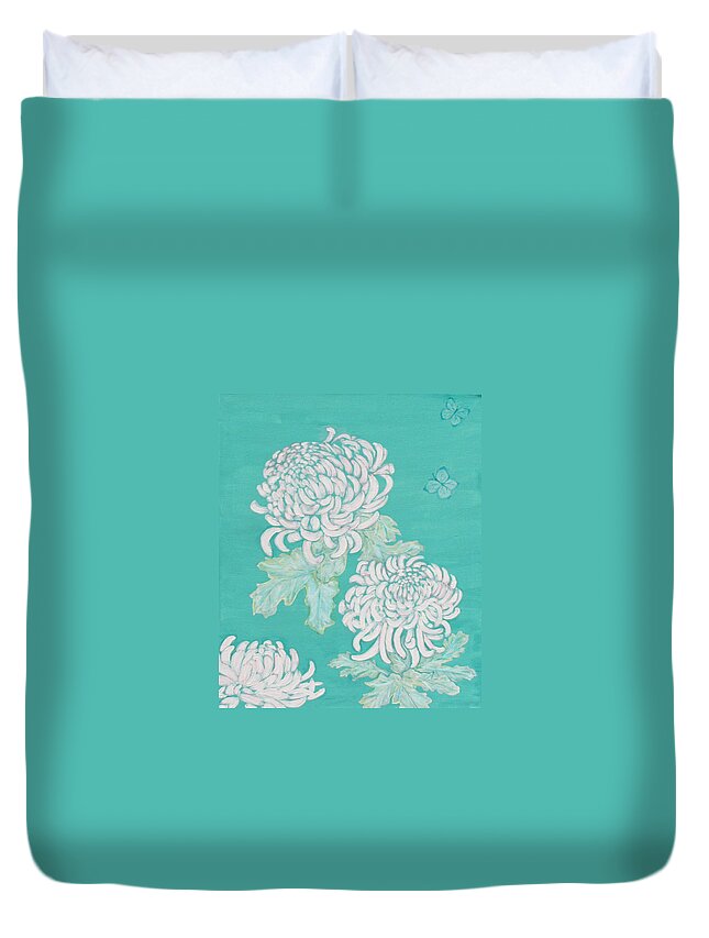 Flowers Duvet Cover featuring the painting Chrysanthemums and Butterflies by Stephanie Grant