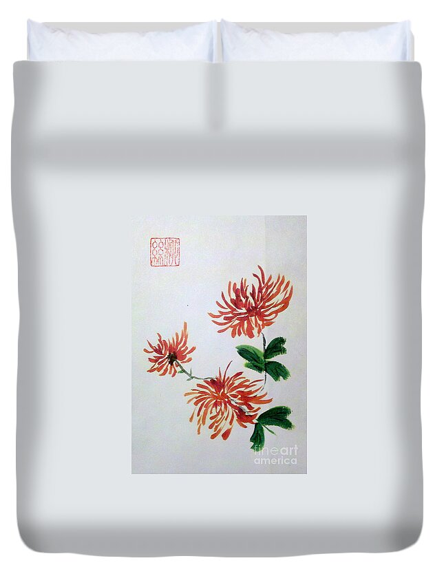 Fall Flowers Orange Flowers Duvet Cover featuring the painting Chrysanthemums by Margaret Welsh Willowsilk