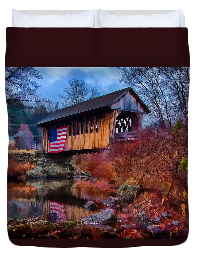 Autumn Duvet Cover featuring the photograph CilleyVille covered bridge by Jeff Folger