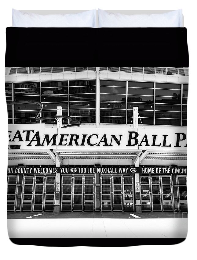 America Duvet Cover featuring the photograph Cincinnati Great American Ball Park Black and White Picture by Paul Velgos