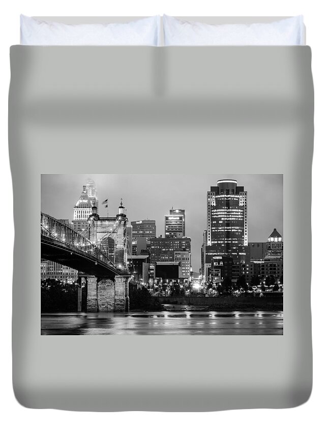 America Duvet Cover featuring the photograph Cincinnati Skyline and the John A. Roebling Suspension Bridge in Black and White by Gregory Ballos