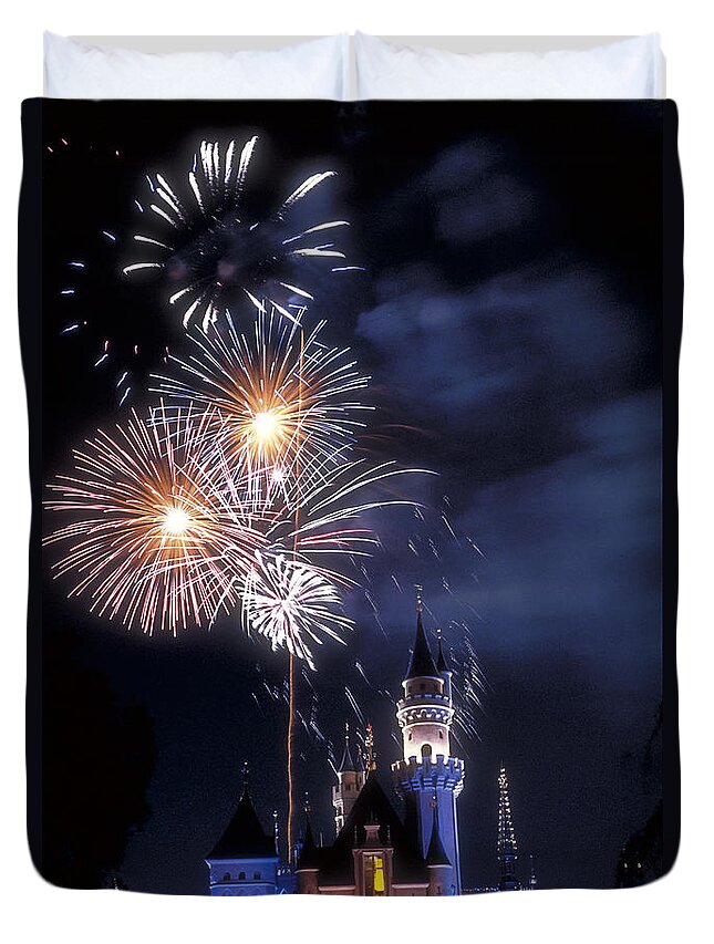 Fireworks Display Duvet Cover featuring the photograph Sleeping Beauty Castle Fireworks by David Zanzinger