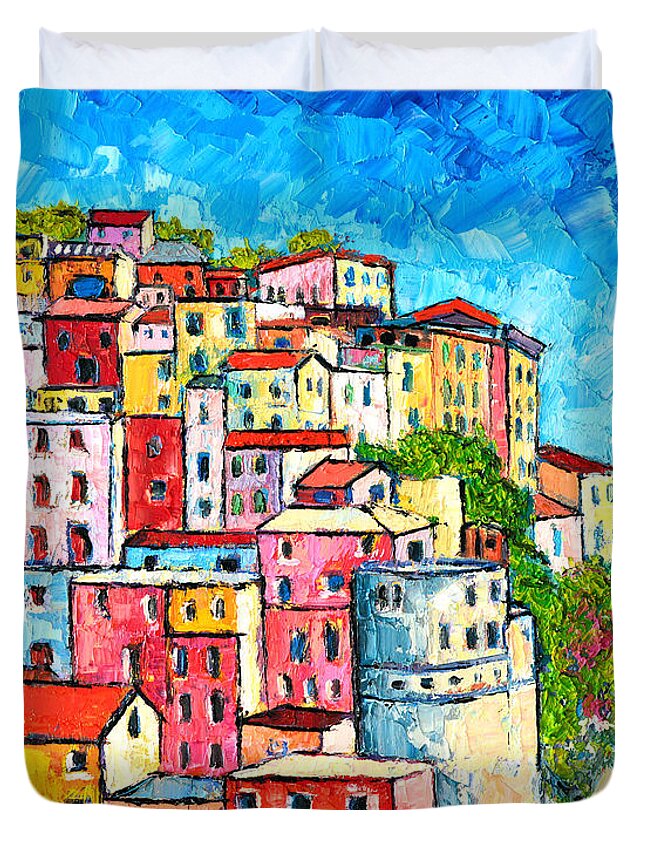 Manarola Duvet Cover featuring the painting Cinque Terre Italy Manarola Colorful Houses by Ana Maria Edulescu