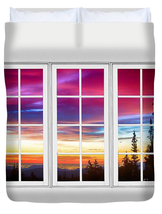Window To Nature Duvet Cover featuring the photograph City Lights Sunrise View Through White Window Frame by James BO Insogna