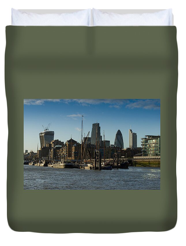 Cheese Grater Building Duvet Cover featuring the photograph City of London river barges Wapping by Gary Eason