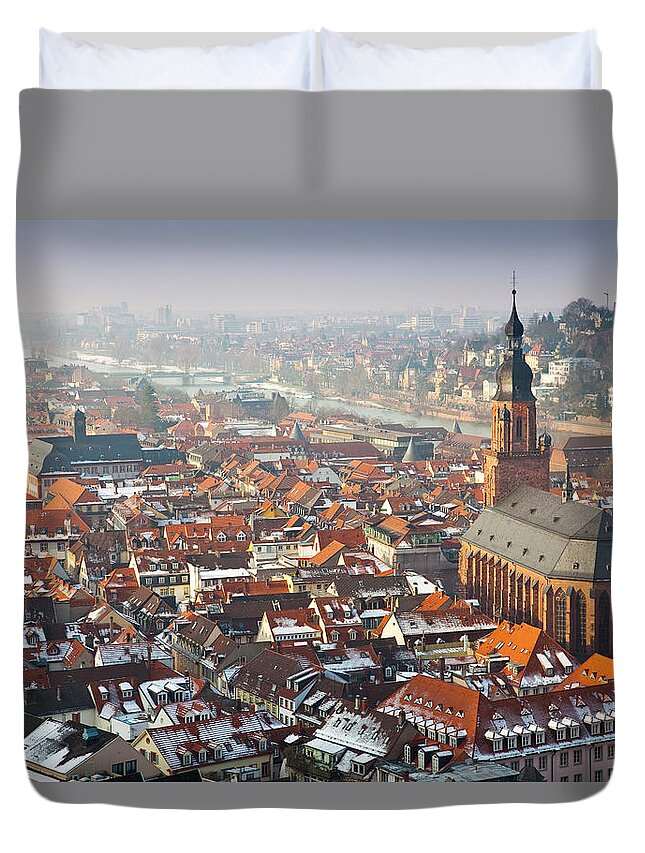 Block Shape Duvet Cover featuring the photograph City Rooftops And Church In Winter by Richard I'anson