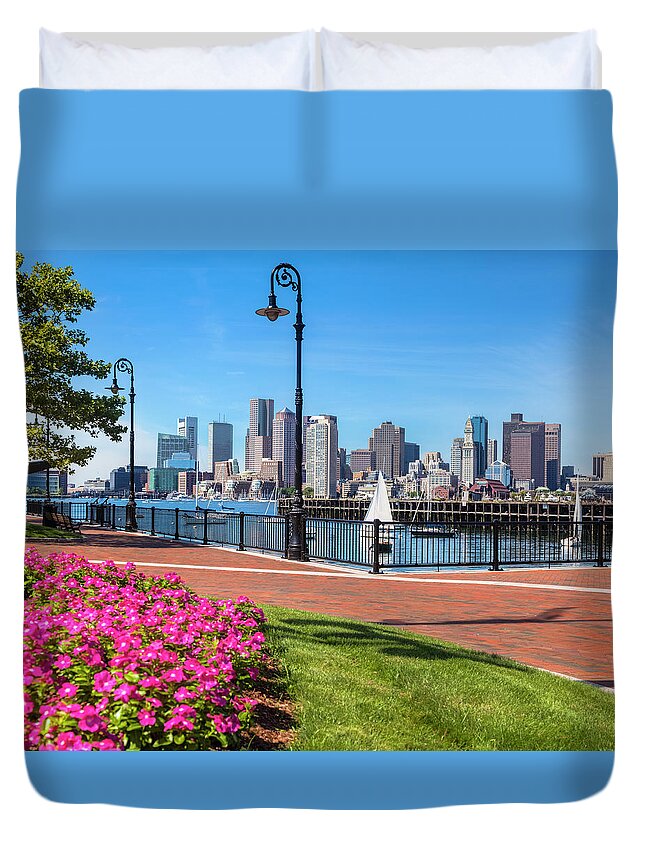 Flowerbed Duvet Cover featuring the photograph Cityscape From The East Boston Piers by Drnadig