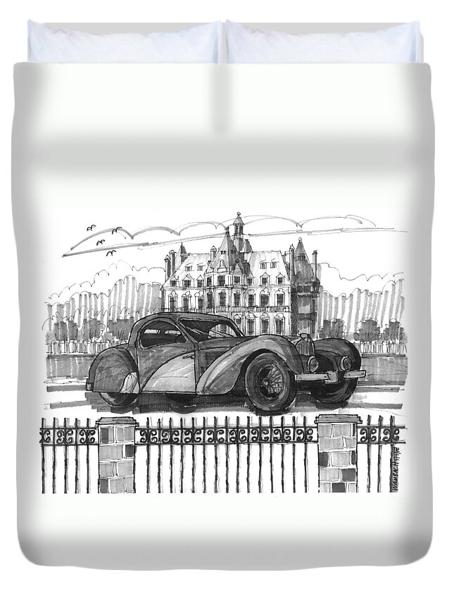 Classic Auto Duvet Cover featuring the drawing Classic Auto with Chateau by Richard Wambach
