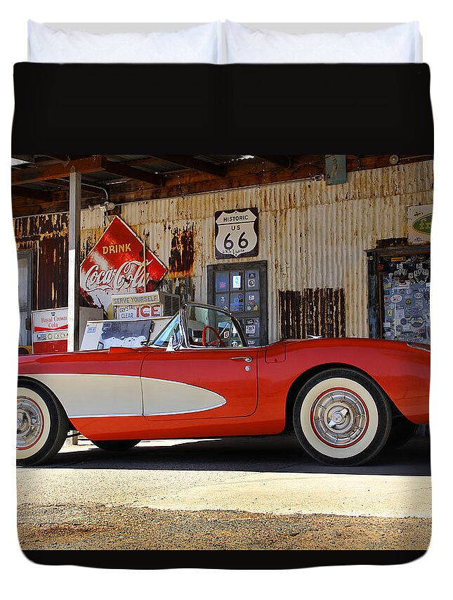 Corvette Duvet Cover featuring the photograph Classic Corvette on Route 66 by Mike McGlothlen
