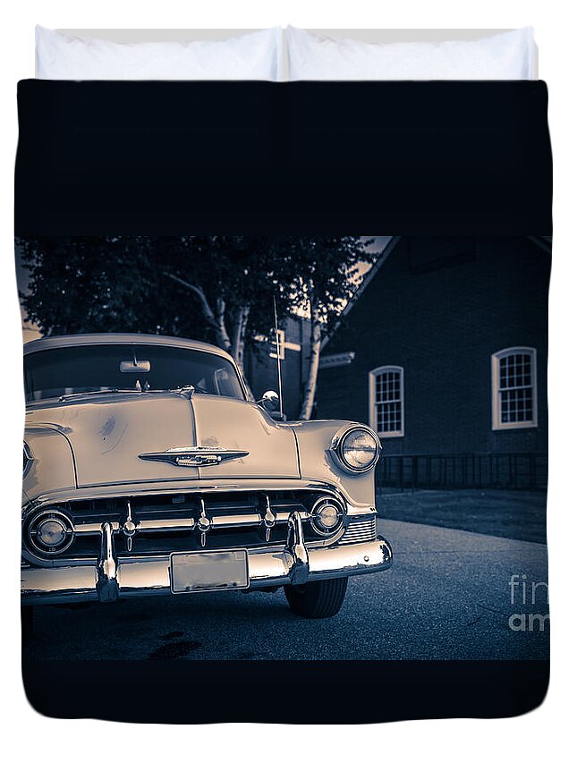 Vintage. Old Duvet Cover featuring the photograph Classic old Chevy car at night by Edward Fielding