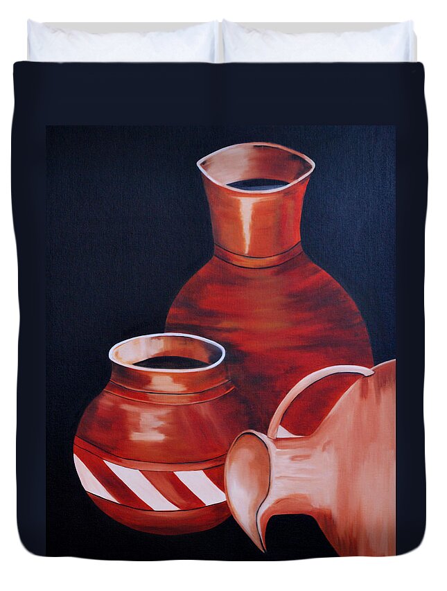 Oil Duvet Cover featuring the painting Clay Pots by Sonali Kukreja