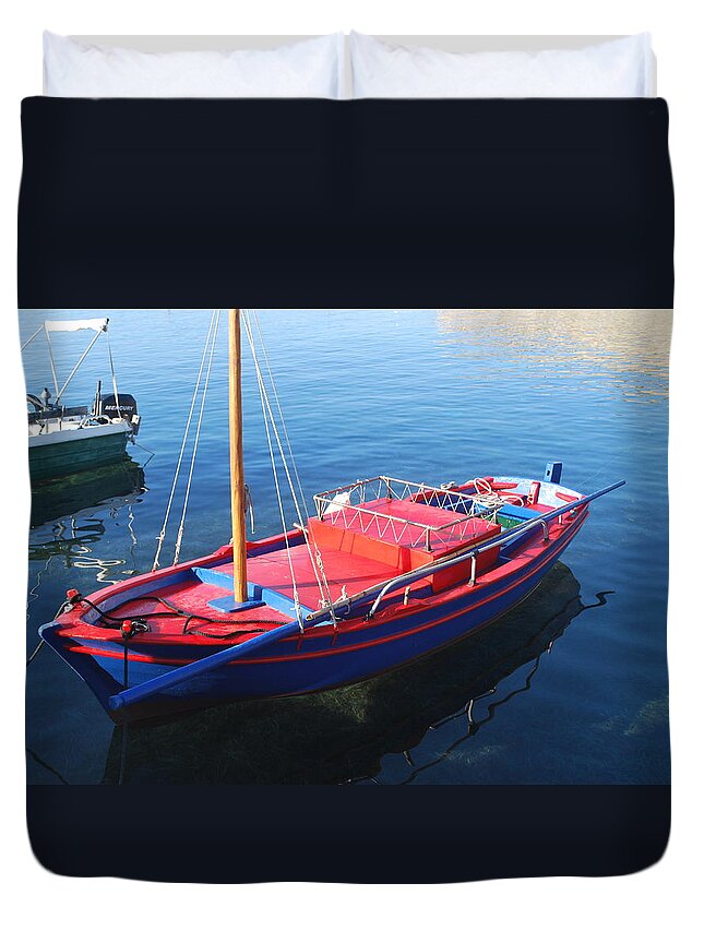 Boat In Clear Waters Duvet Cover featuring the photograph Clear Waters by George Katechis