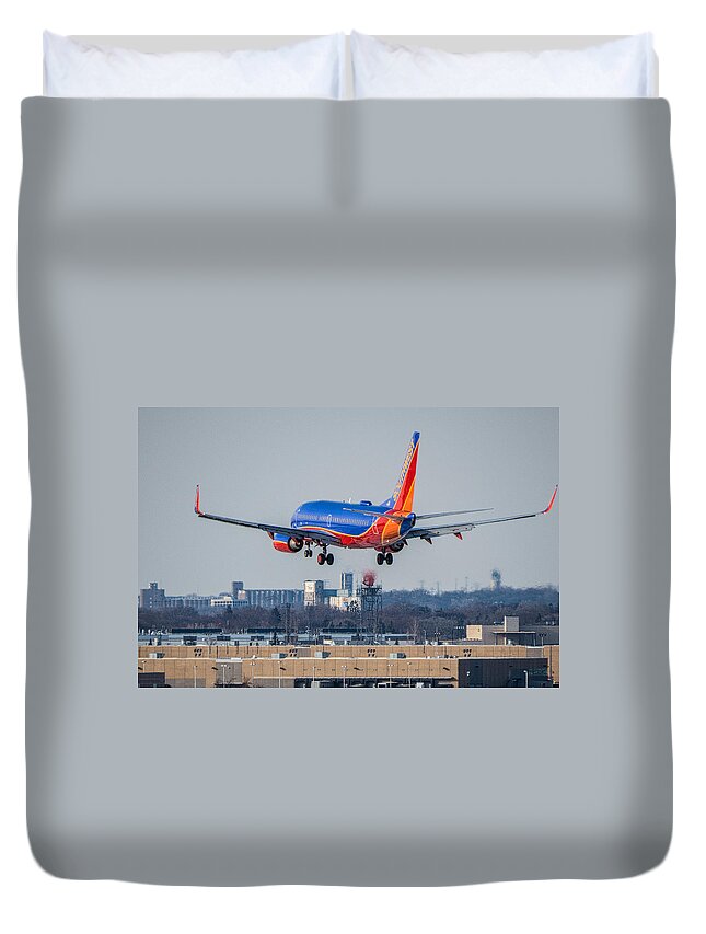 Southwest Airlines Airplane Plane Flight Fly Flying Jet Airliner Blue Red Orange Landing Gear Wings Tail Flaps Sky Msp Airport Minneapolis St. Paul International Duvet Cover featuring the photograph Cleared for Landing by Tom Gort
