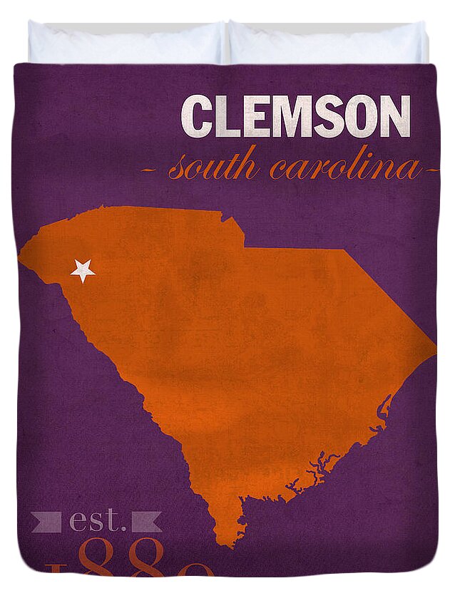 Clemson University Duvet Cover featuring the mixed media Clemson University Tigers College Town South Carolina State Map Poster Series No 030 by Design Turnpike