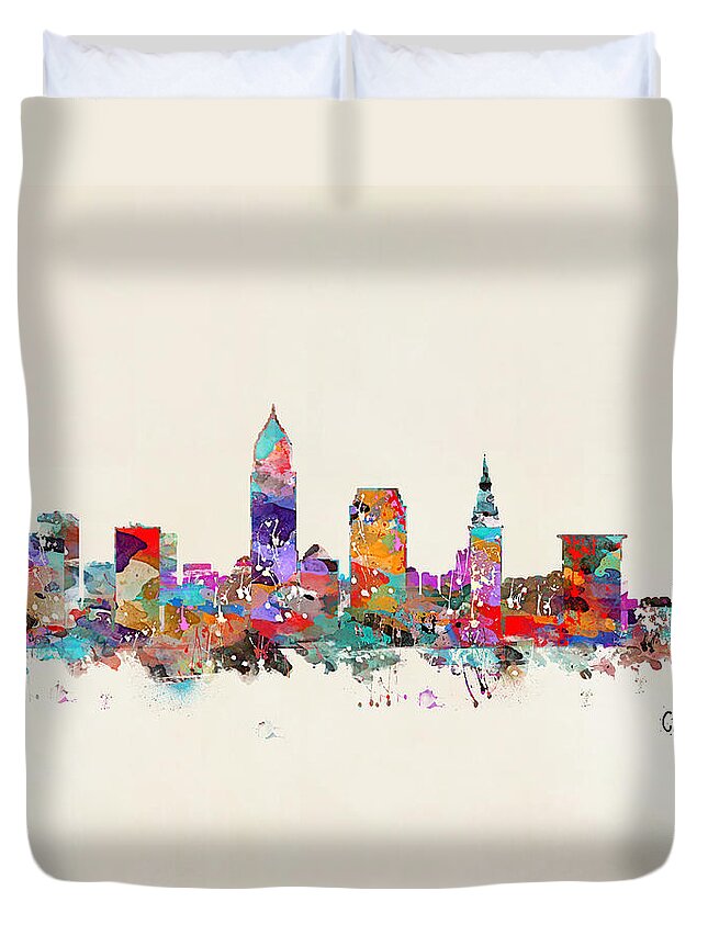Cleveland Ohio Skyline Duvet Cover featuring the painting Cleveland Ohio Skyline by Bri Buckley