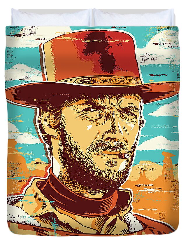 Illustration Duvet Cover featuring the digital art Clint Eastwood Pop Art by Jim Zahniser